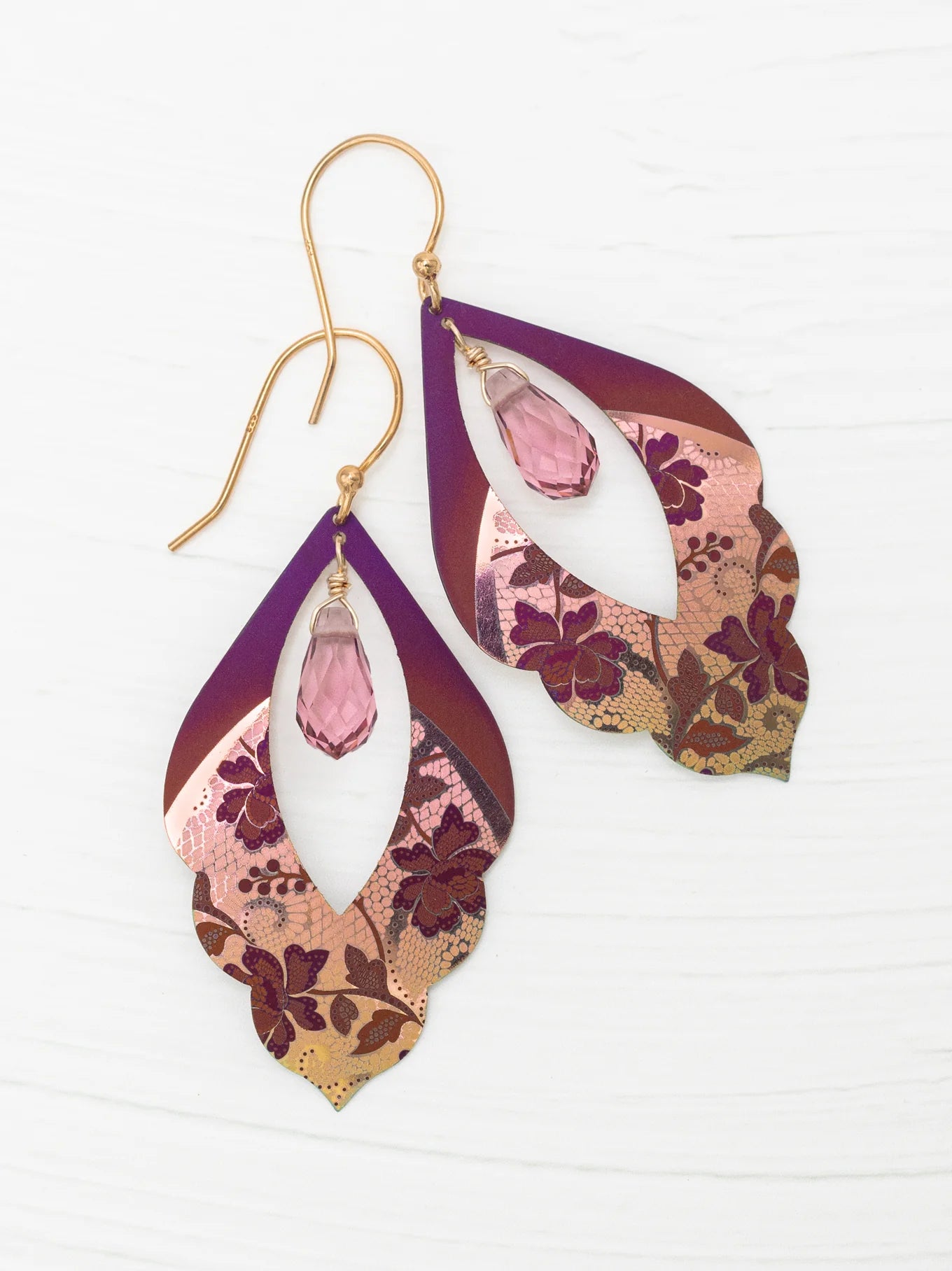 floral and lace dangle earrings with pink gemstone