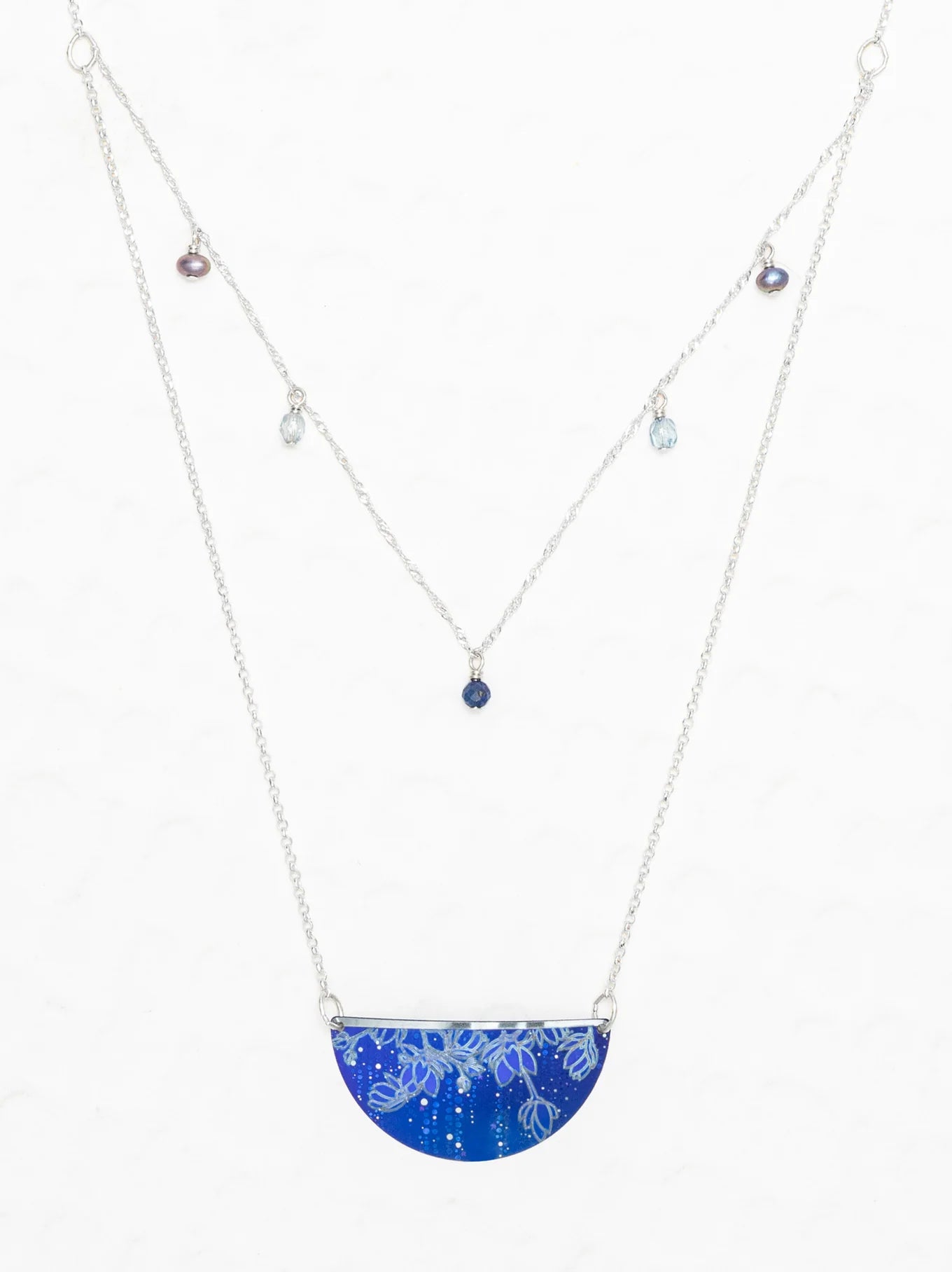 blue halfmoon pendant necklace with gemstones