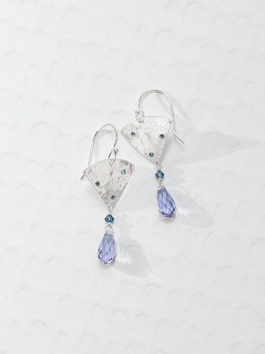 silver dangle earrings with purple and blue gemstones