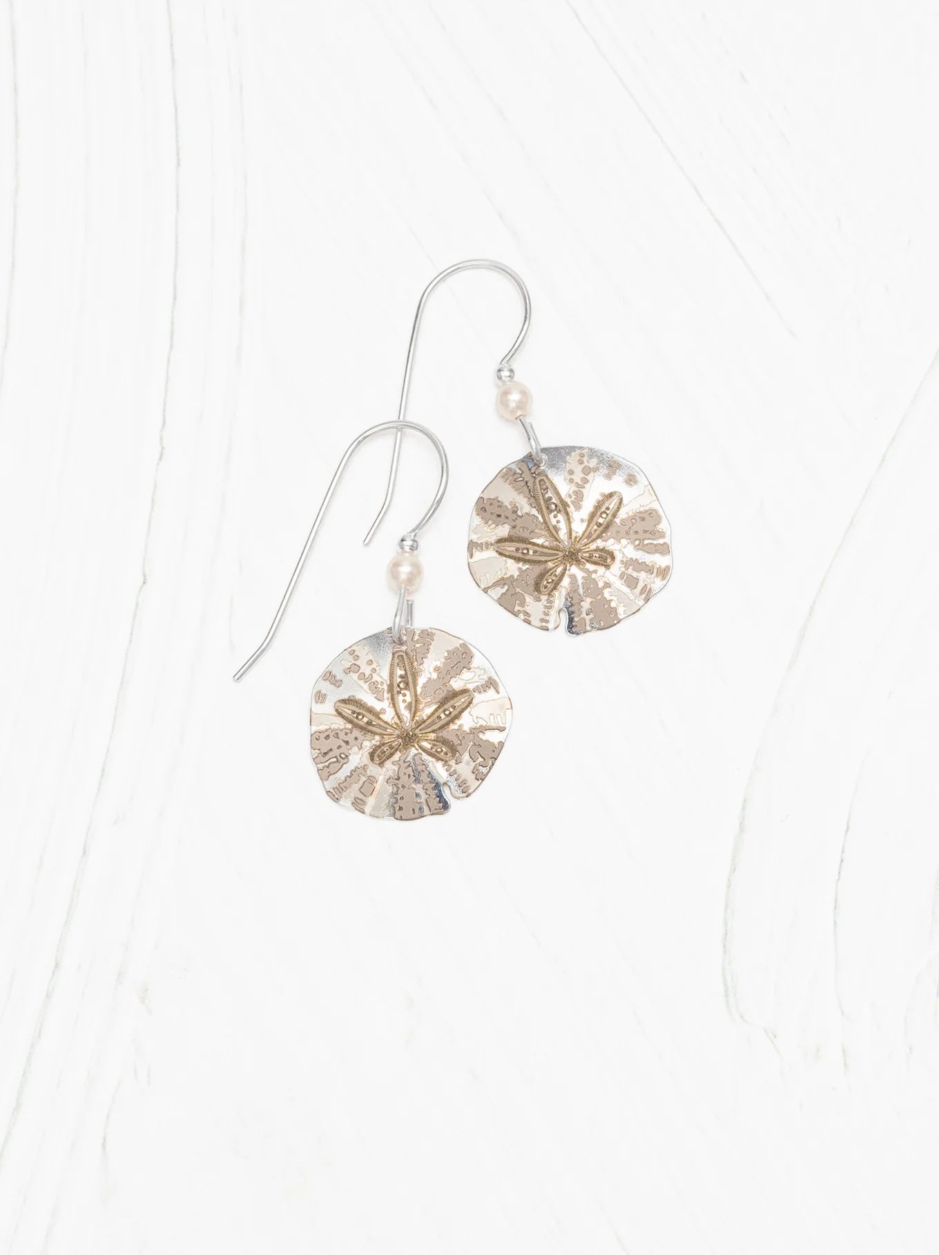 sand dollar etched drop earring with pearl