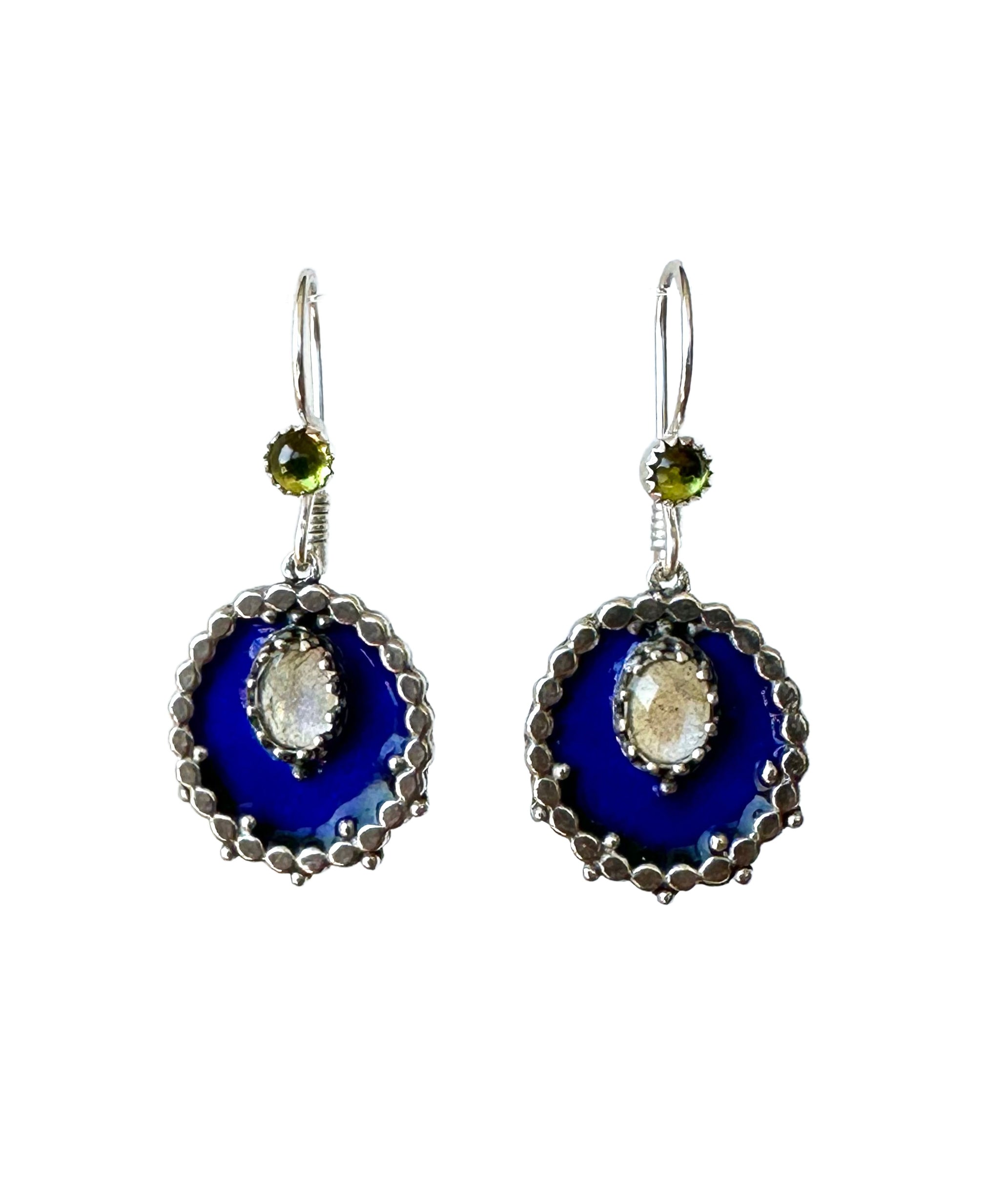 Enamel, Labradorite, and Peridot Sterling Silver Medallion Earrings
