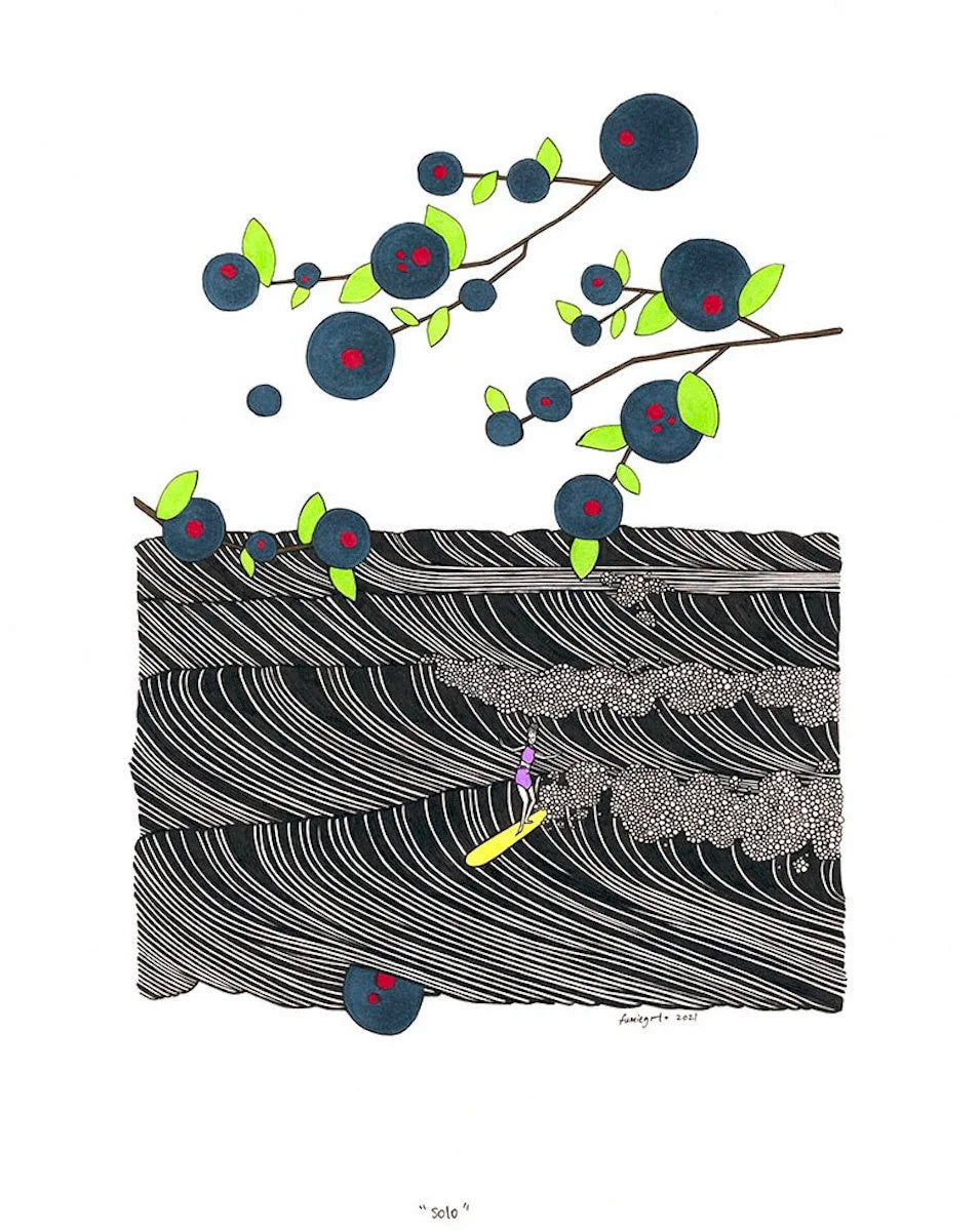 Art print titled 'Solo' by Kris Goto, depicting a serene landscape with stylized waves and colorful botanicals, representing personal time and connection to heritage.