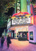 Colorful watercolor painting of the Del Mar Theater marquee showcasing a movie schedule, created by Hearts for the Arts as part of 'Hearts for the Arts | For the Love of the Del Mar Theater' series.