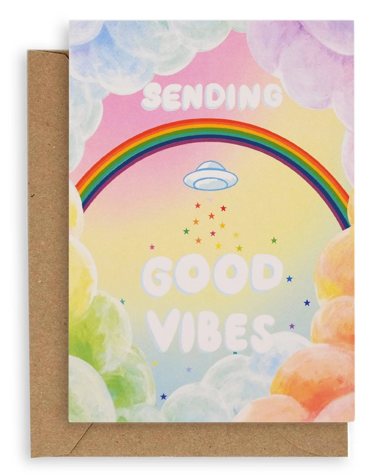 sending good vibes rainbow and ufo greeting card