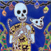 Artistic ceramic tile depicting a skeleton figure holding a cat, surrounded by vibrant colors and playful skull motifs, designed by Hearts for the Arts for the Hearts for the Arts | 2 Tiles collection.