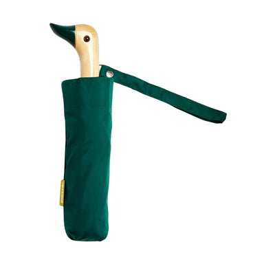 Original Duckhead Compact Umbrella in a green sleeve with a wooden handle, designed by Original Duckhead for portability and style.