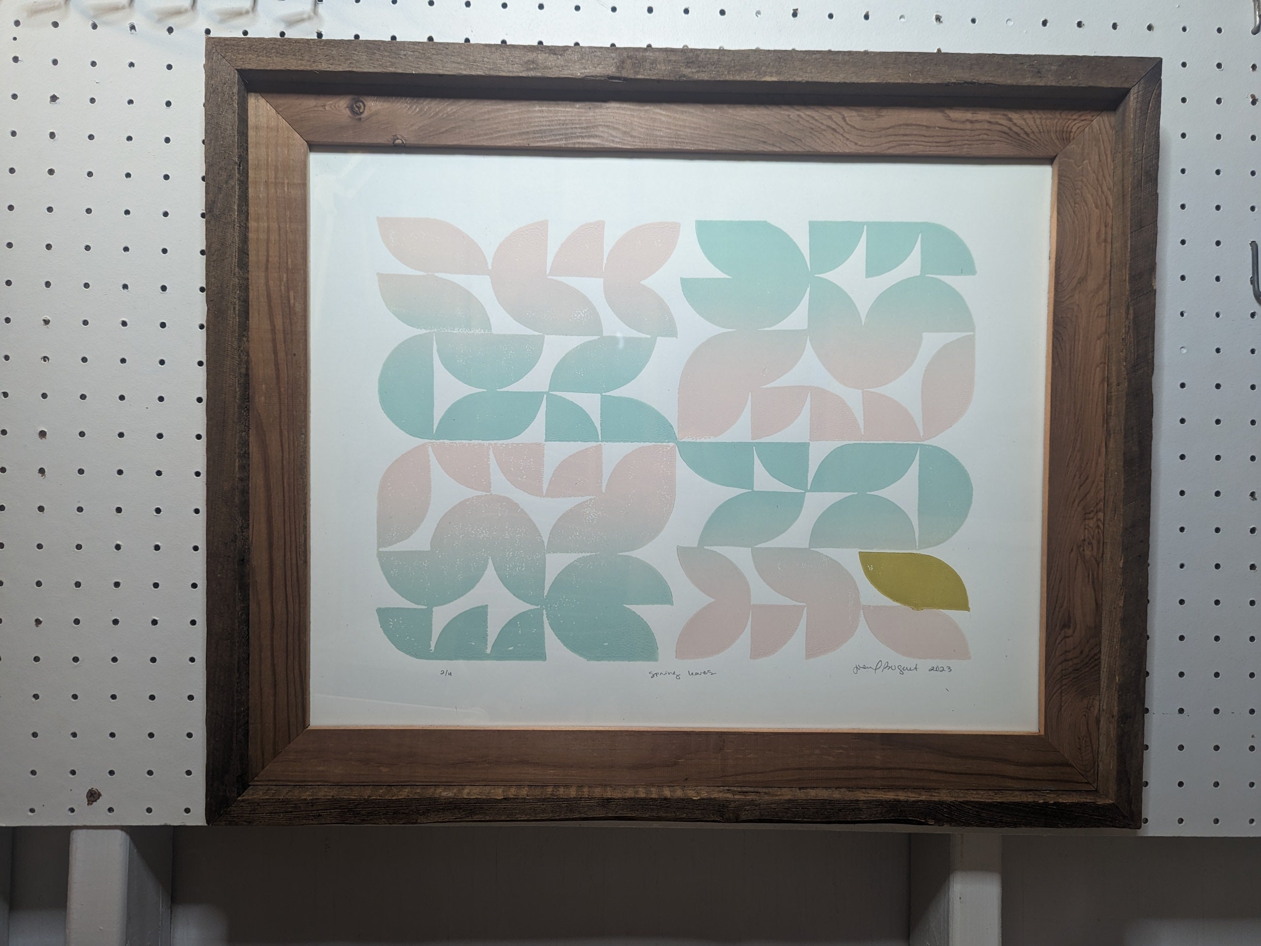 Leaf lino print in wood frame
