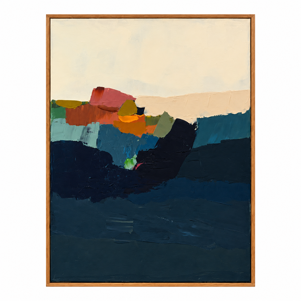 An abstract landscape painting in a light wood frame, featuring dark navy and teal water-like shapes, a coral and orange mountain range, and a pale cream sky.