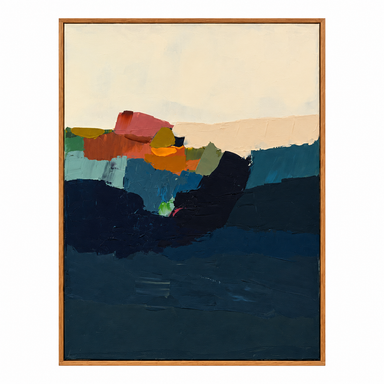 An abstract landscape painting in a light wood frame, featuring dark navy and teal water-like shapes, a coral and orange mountain range, and a pale cream sky.