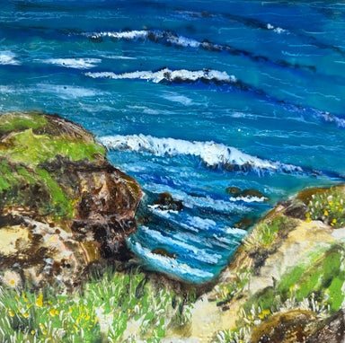 First Friday Nicole Woodling | Tidepools, 10x10 encaustic painting on wood panel inspired by coastal ecology and the natural world