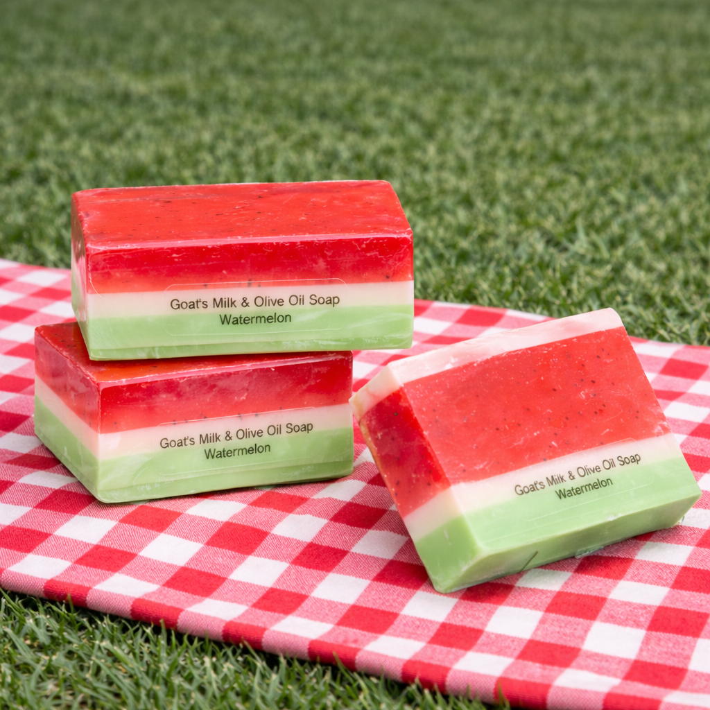 Perfect Summer Watermelon Soaps by The Grecian Soap Company, featuring three colorful soap bars shaped like watermelon wedges, showcasing a creamy goat's milk and olive oil formula on a checkered cloth.