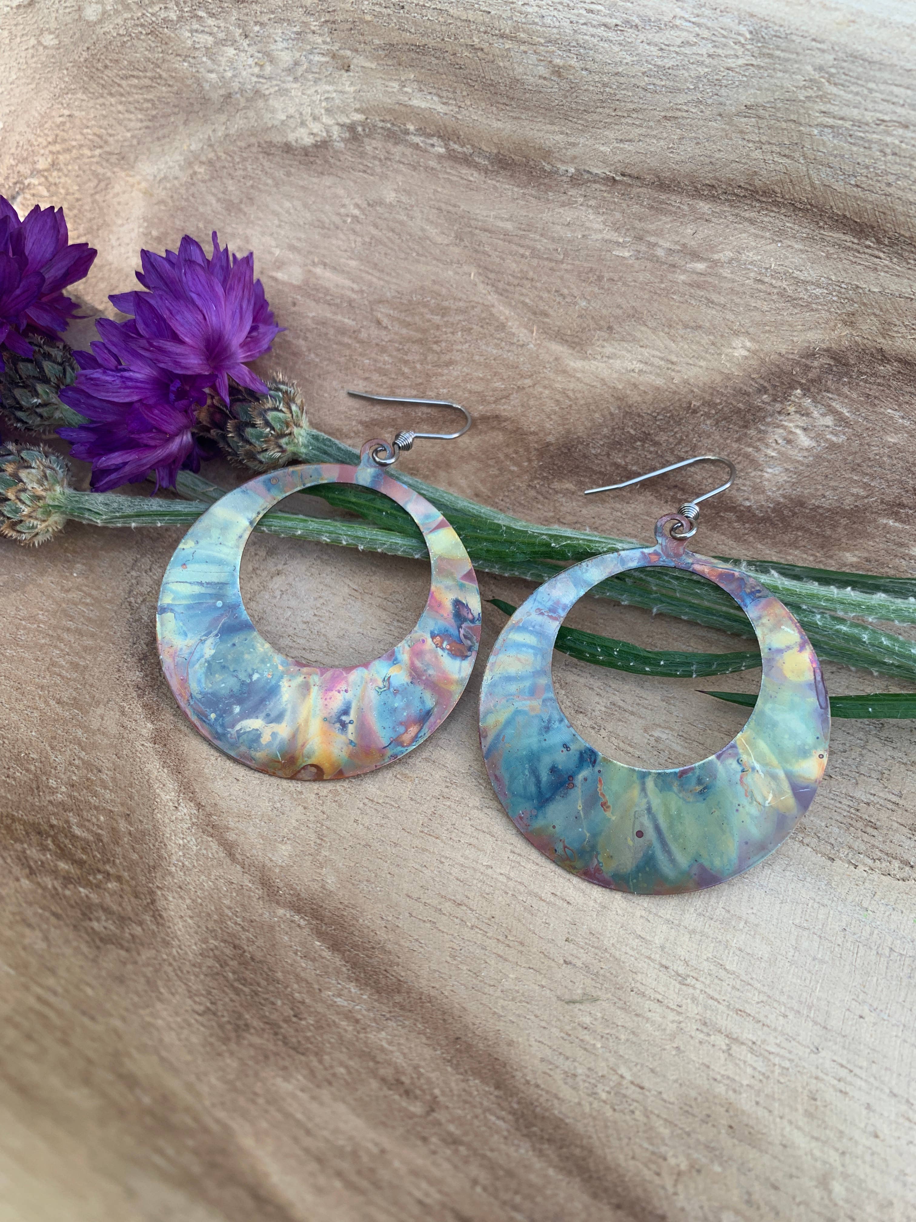 Close-up of Boho Large circle earrings, showcasing unique copper textures and colors, perfect for gifting and adding a touch of beauty.