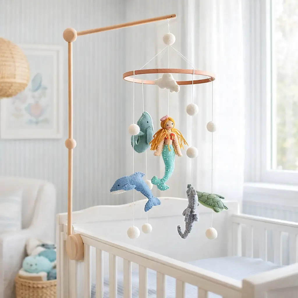 Felt Sea Creature Baby Mobiles featuring a charming mermaid surrounded by whimsical sea turtles, seahorses, whales, and dolphins—turning your baby's nursery into an underwater dreamland!