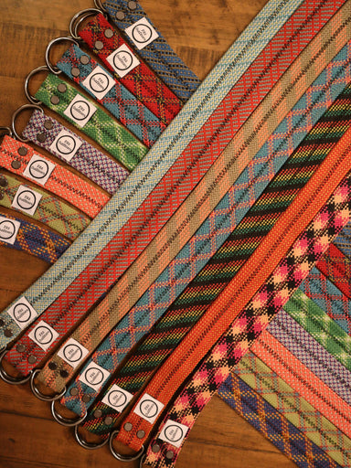 Belts made from retired climbing rope in assorted colors.