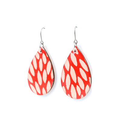Teardrop burst Chiyogami titanium earrings in red showcasing intricate Japanese paper design, ideal for sensitive ears.