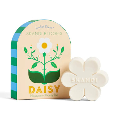 Skandi Blooms Bar Soaps by Kalastyle Soap Co., featuring a moisturizing beauty bar in a daisy shape with a floral packaging design for the Daisy variant.