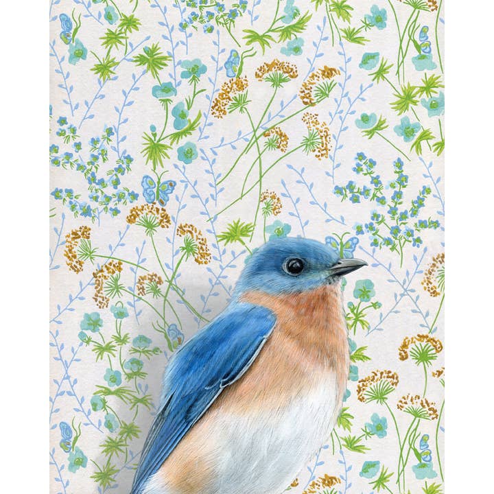 Artistic representation of a bluebird by Emily Uchytil, showing intricate details against a colorful floral wallpaper background, ideal for nature enthusiasts.