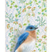 Artistic representation of a bluebird by Emily Uchytil, showing intricate details against a colorful floral wallpaper background, ideal for nature enthusiasts.