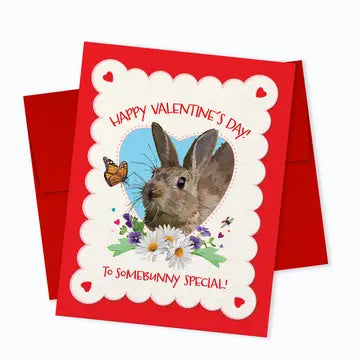 Adorable Valentine's Day card showcasing a charming rabbit with daisies and butterflies, created by ARTISANS & agency for the Valentine's Day Card Collection.