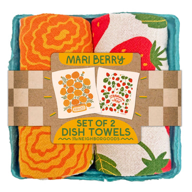 Mari Berry (Marigold, Strawberry) tea towel set of 2, showcasing vibrant marigold and strawberry designs on eco-friendly cotton towels.