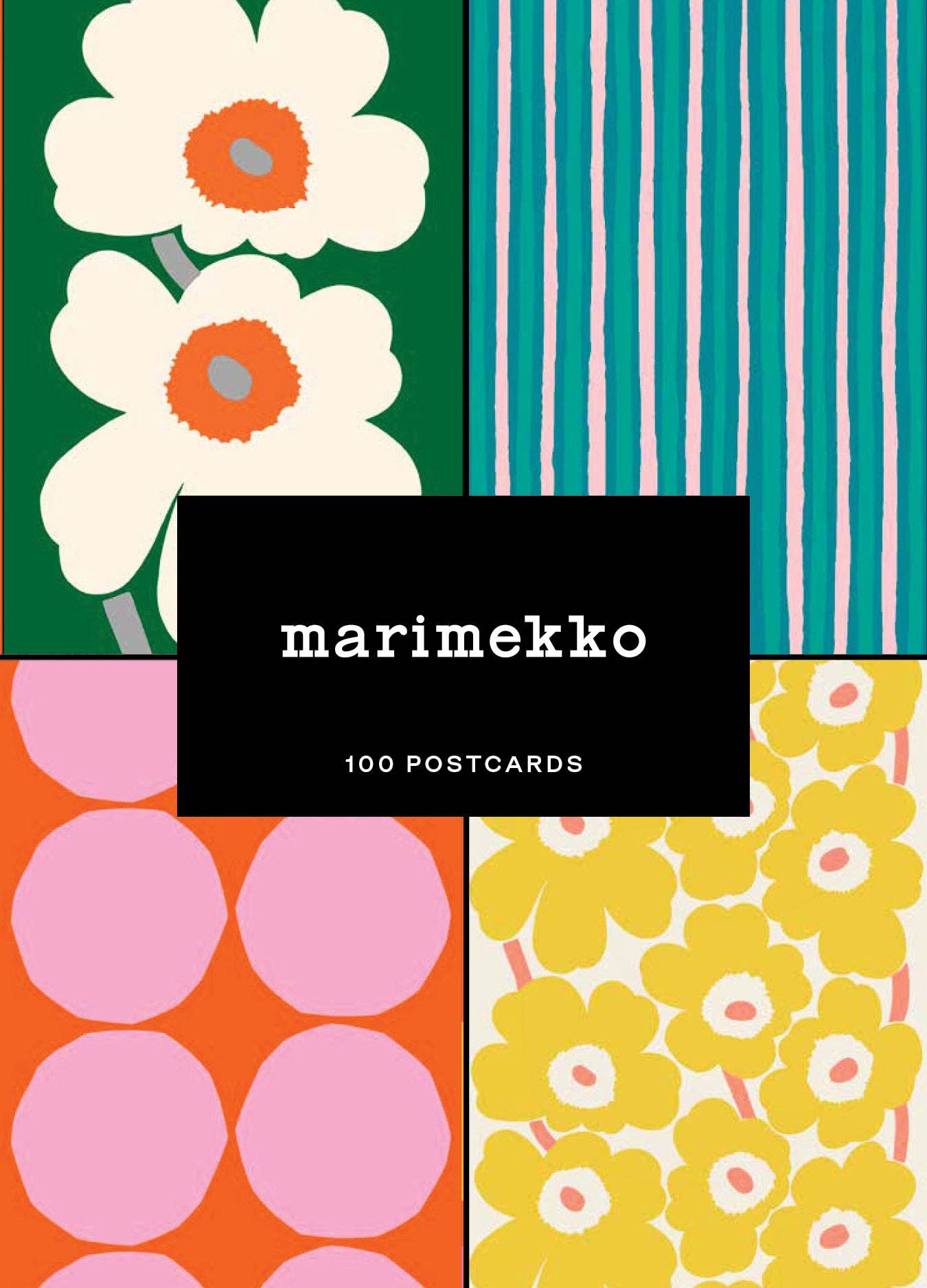 Art of Marimekko Postcard Box featuring a vibrant collage of four iconic Marimekko patterns, designed by Chronicle Books. Perfect for bringing color and midcentury modern style to any space.