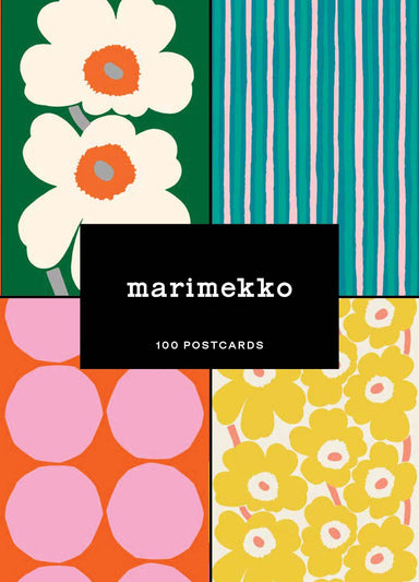 Art of Marimekko Postcard Box featuring a vibrant collage of four iconic Marimekko patterns, designed by Chronicle Books. Perfect for bringing color and midcentury modern style to any space.