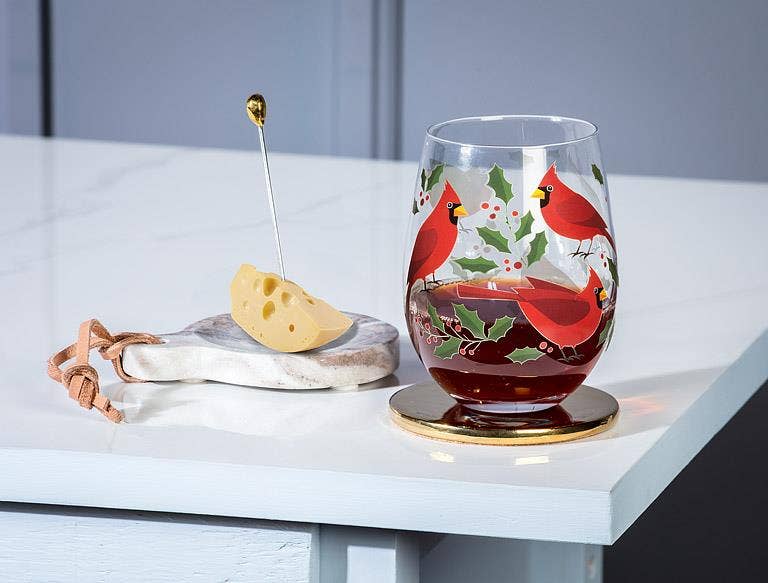 Cardinals & Holly Stemless Wine Glass
