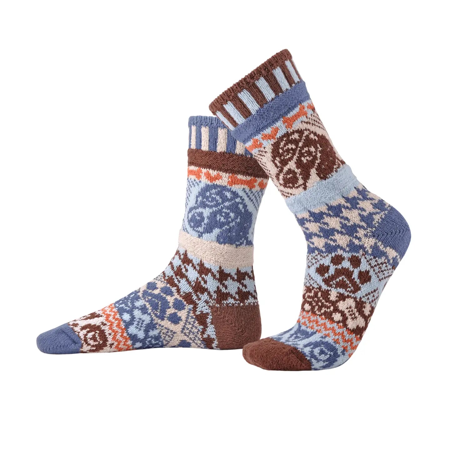 Colorful Dog Crew Socks by Solmate Socks featuring a mix of powder blue, bone, steel blue, spice, and dark brown patterns, perfect for animal lovers and eco-friendly fashion.