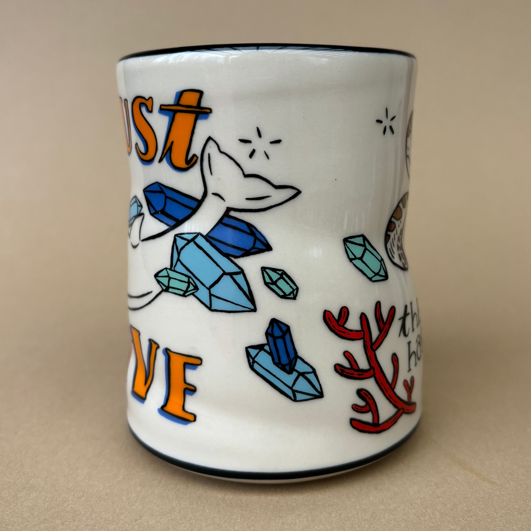 XLarge Lucky Sea Turtle Cup by The Bowl Maker depicting an artistic scene with a whale and sea-themed elements alongside the words 'Just Love'.