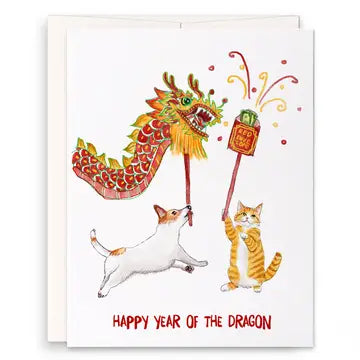 Happy Year of the dragon Greeting card with dog and cat