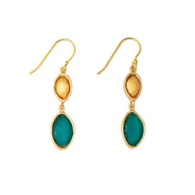 Peacock 2 Drop Earrings in Peacock Blue by Michael Vincent Michaud, featuring cast bronze with a 24K gold finish and cast glass accents.