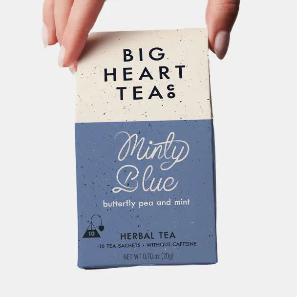 Big Heart Tea Co. Teas - Minty Blue herbal tea box showcasing butterfly pea and mint flavors, perfect for a refreshing tea experience.