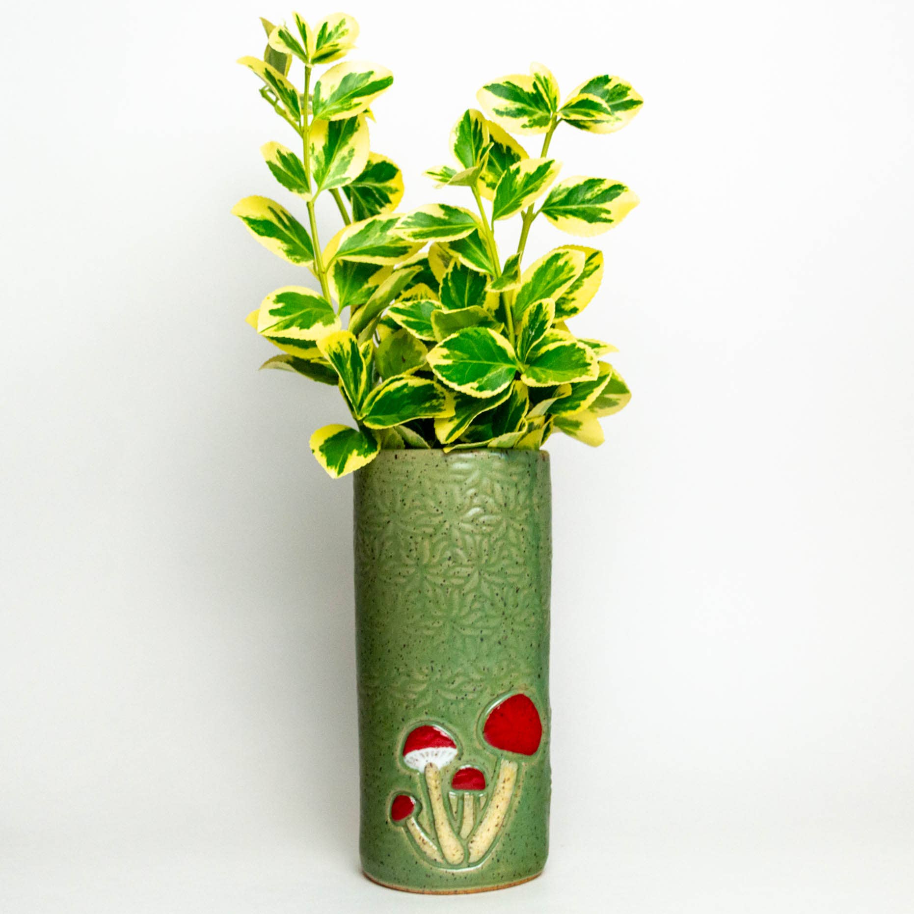 Mushroom Pattern Green Handmade Ceramic Vase