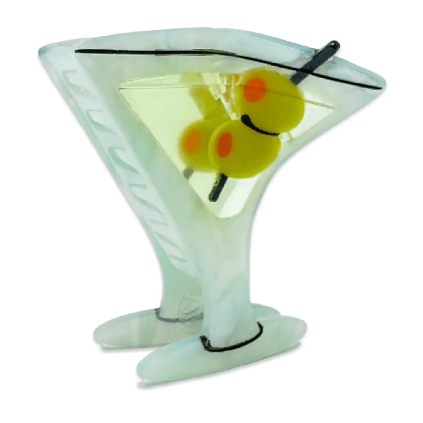 Unique hair claw designed by Jenny Lemons, shaped like a cocktail drink, featuring olives; part of the Hair Claw | Assorted Drinks collection.