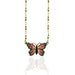Beautiful Halidae Monarch Butterfly Necklace by Anne Koplik Designs, featuring a hand-enamelled Monarch butterfly in vibrant orange and black on an antiqued brass chain, symbolizing endurance, change, and hope.