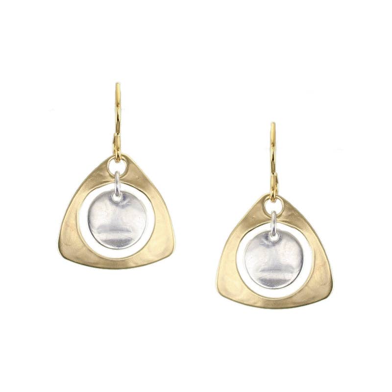 Small Cutout Rounded Triangle with Hanging Disc Wire Earrings by Marjorie Baer, handcrafted jewelry made in California