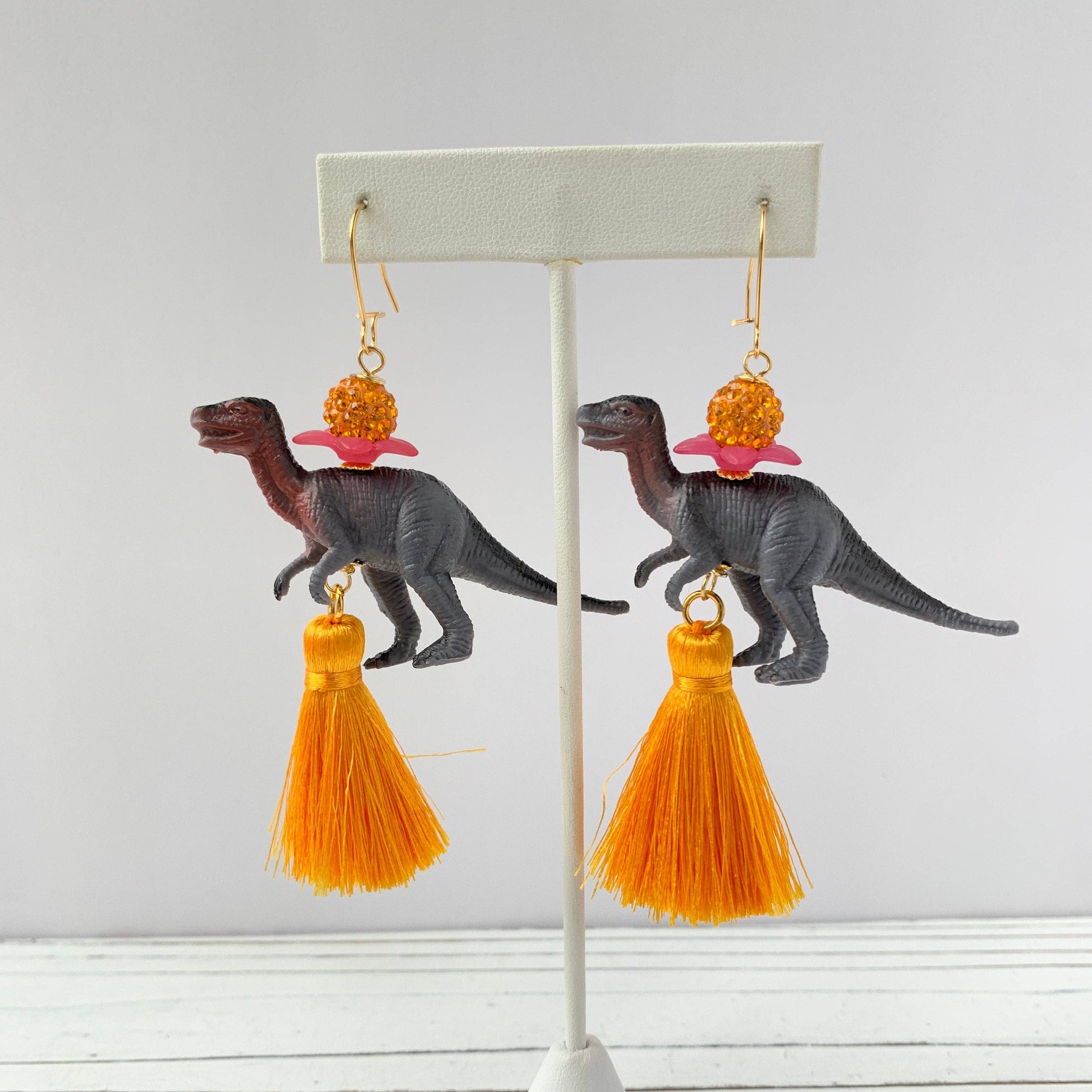 dinosaur yellow tassel earrings