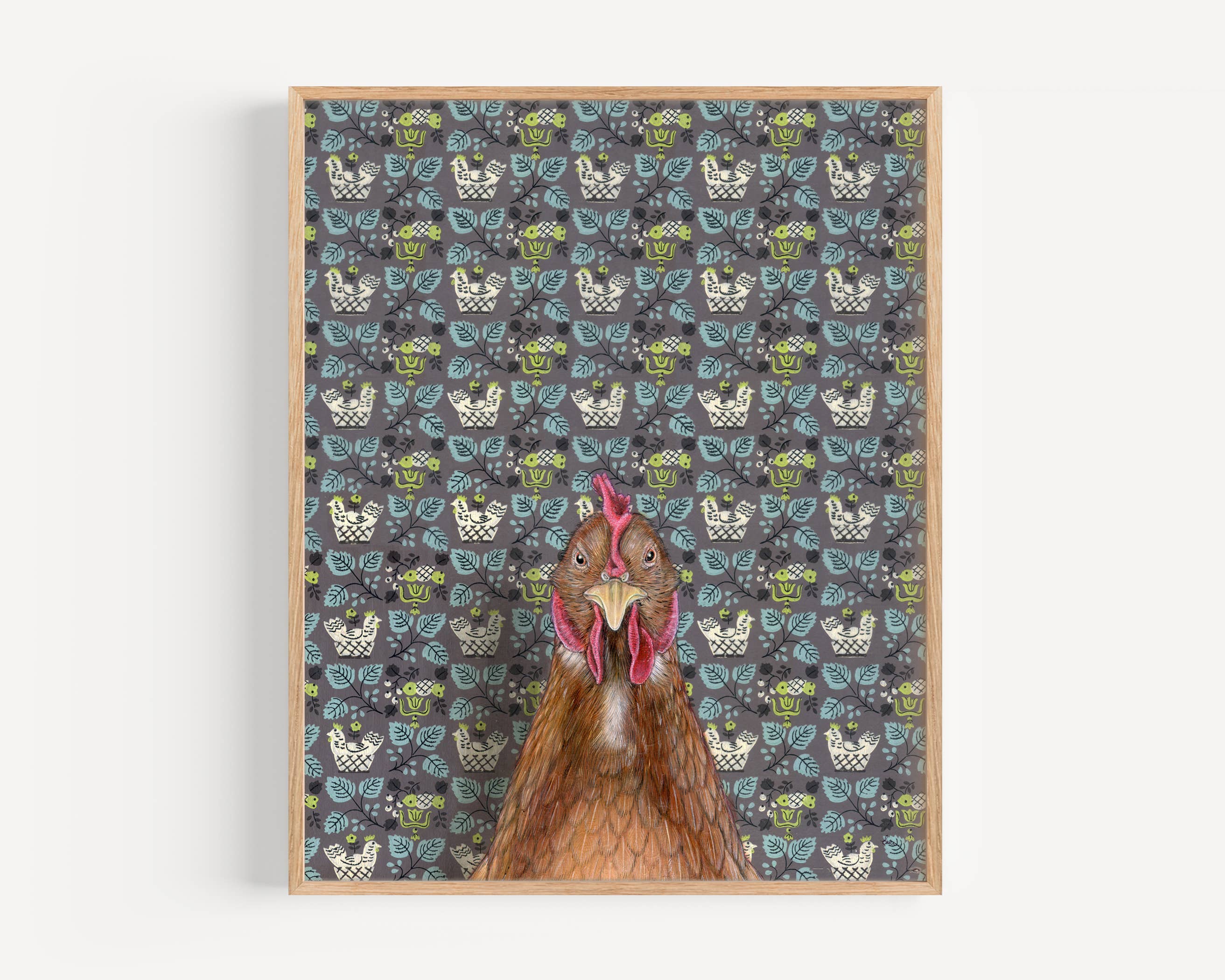 Fine art print of a chicken illustration by Emily Uchytil, featuring a colorful farm animal against a vintage patterned wallpaper background.