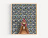 Fine art print of a chicken illustration by Emily Uchytil, featuring a colorful farm animal against a vintage patterned wallpaper background.