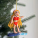 Felt Surfer Girl Ornament with blond hair, adorned in a bikini and pearl choker, adding a fun beachy touch to holiday decor.
