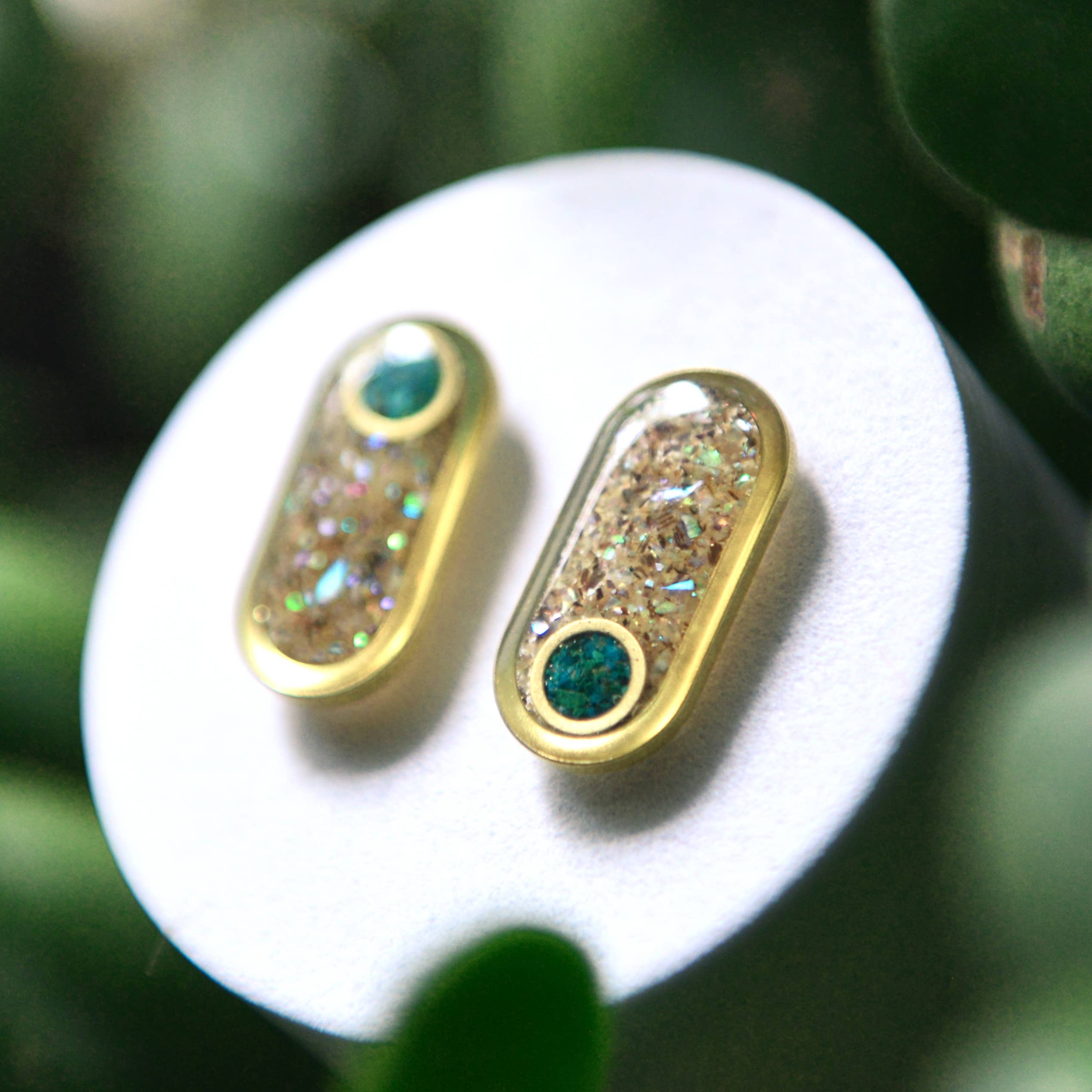 The Ellipse Earrings with crushed stone oval and round inlay