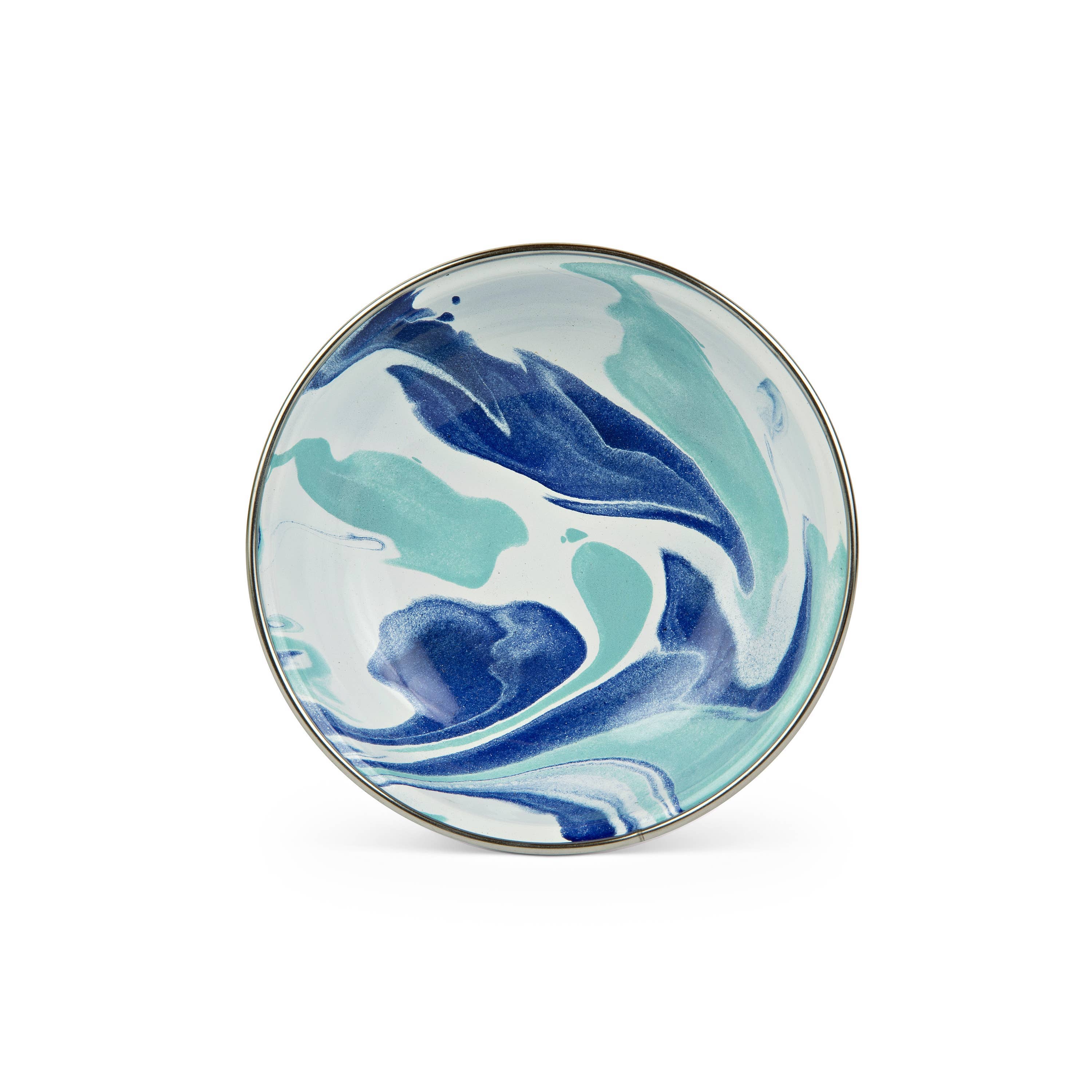 Close-up view of a Crow Canyon Home Enamelware Lagoon Tasting Dish showcasing the beautiful marbled design in blue and sea glass tones, highlighting its elegant and stylish appearance.
