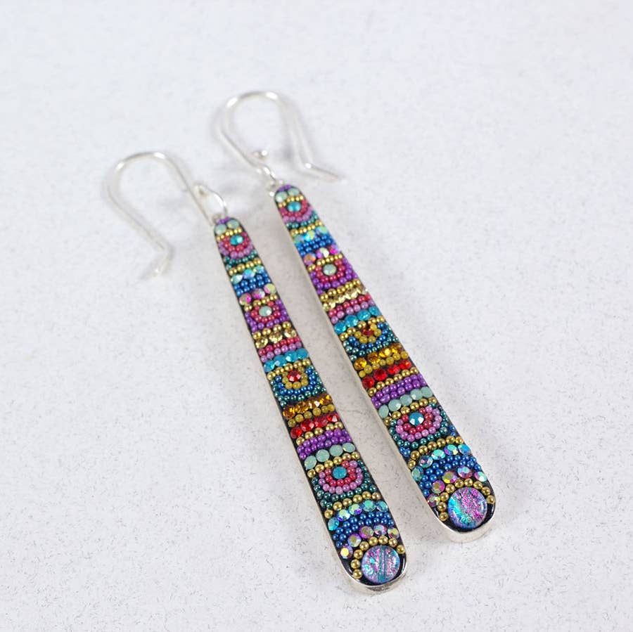 Colorful Crystal Dash Earrings by Mosaico Jewels displaying a distinctive array of intricate beads and gems in vibrant patterns, a perfect accessory for handcrafted elegance.
