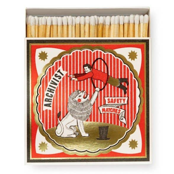 Archivist safety matches with acrobat and lion