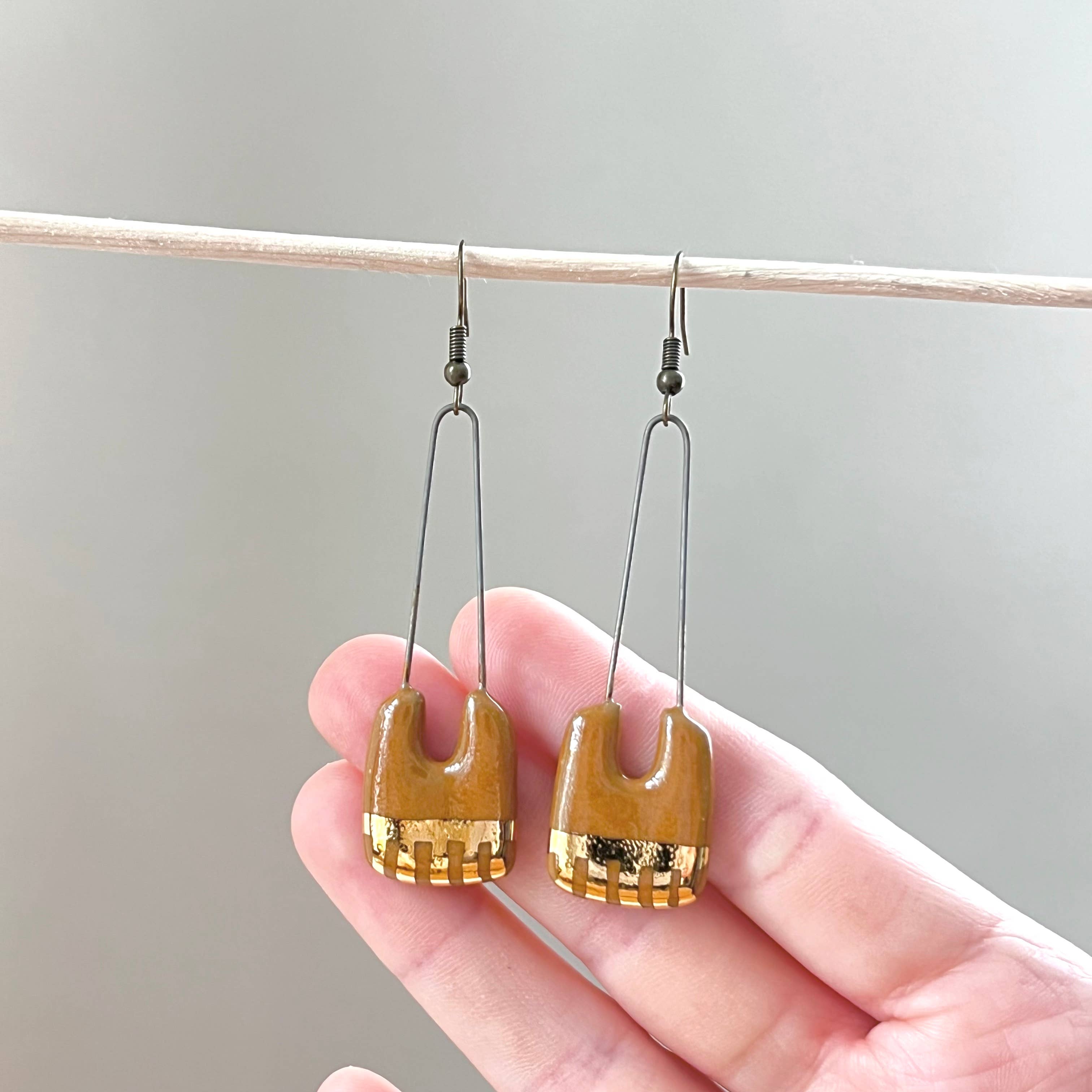 Orange Saddle Gold Dropped Rectangle Ceramic Earrings
