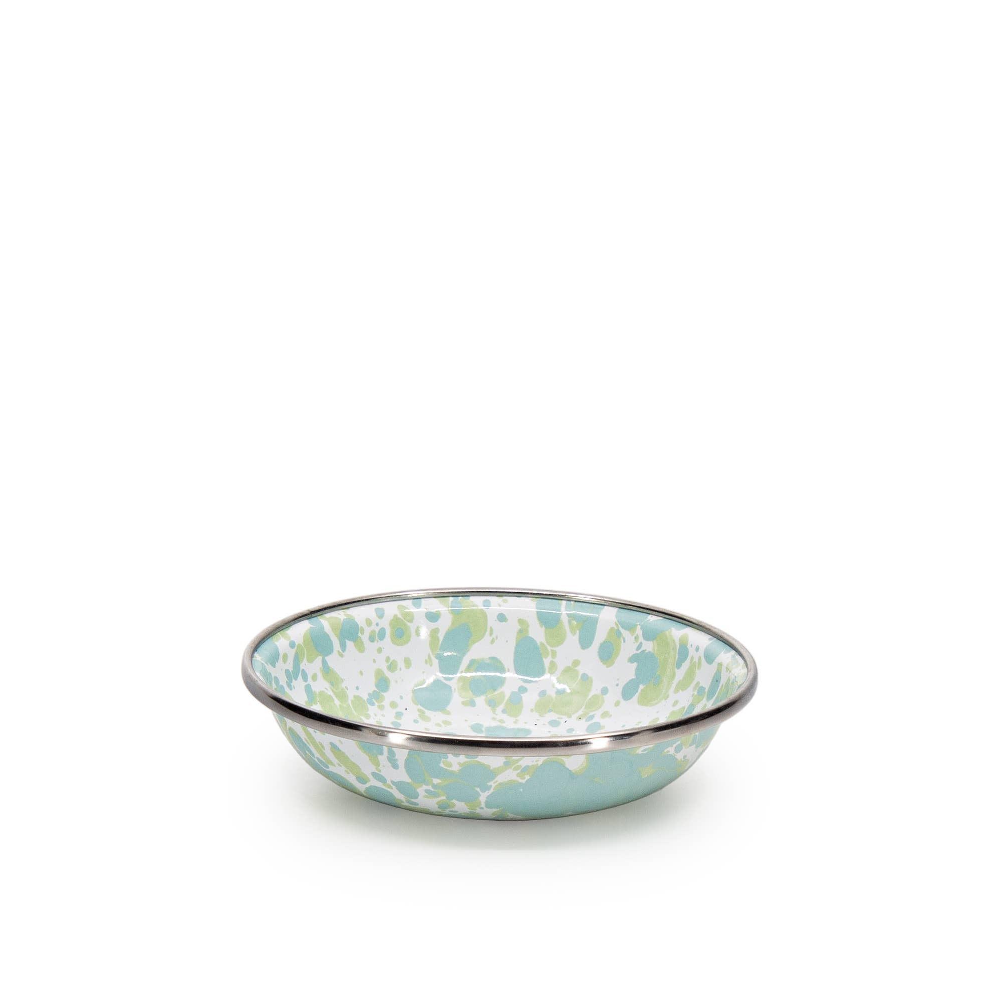 Crow Canyon Home Enamelware Jardin Tasting Dish featuring a unique Jardin swirl artwork design, perfect for serving appetizers or small plates. Compact 4.25 inch diameter and 1 inch deep, designed for elegant presentation.