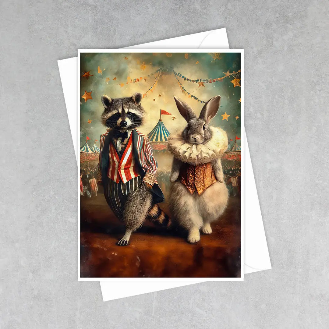 raccoon and bunny circus theme greeting card