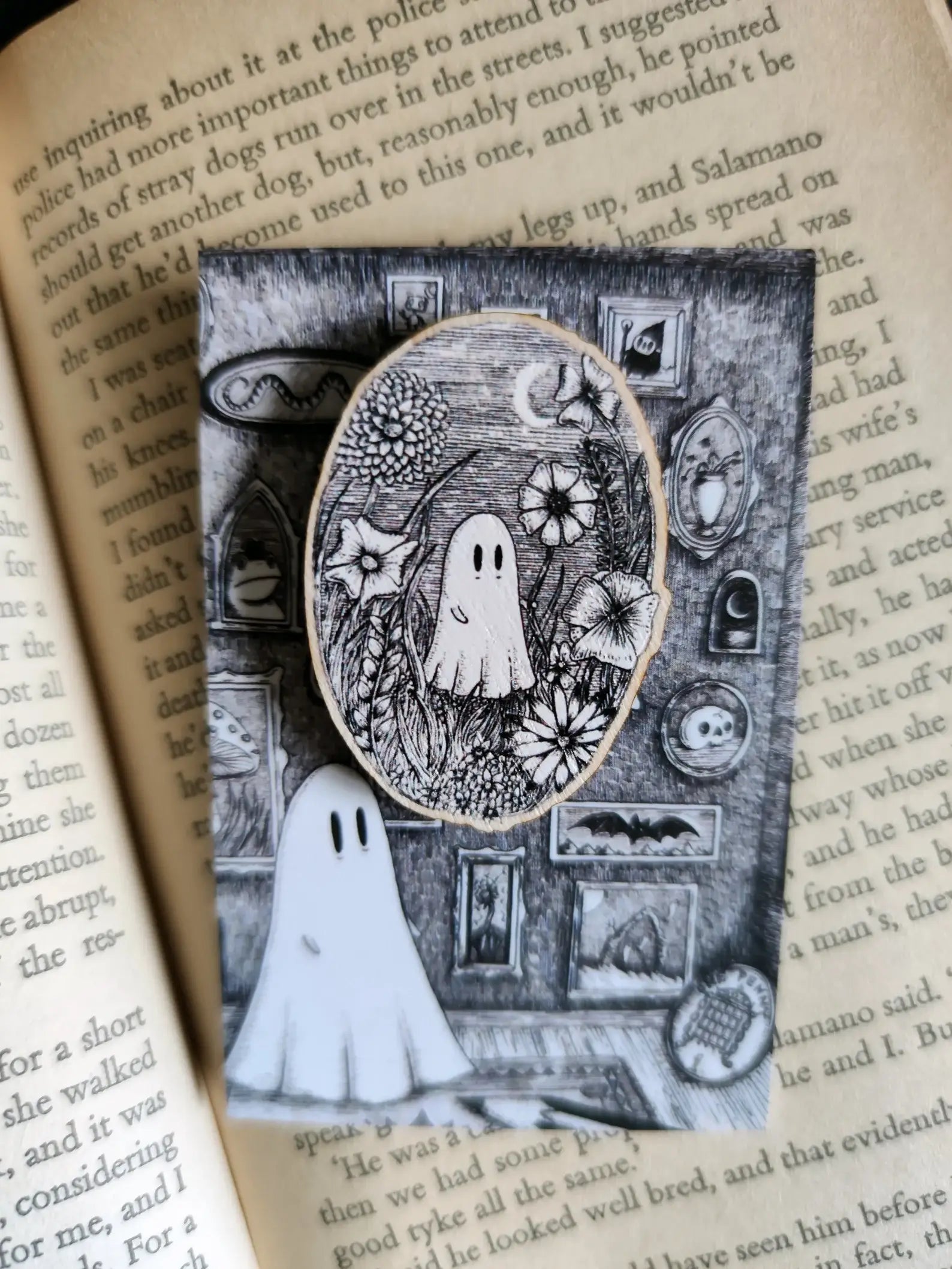 ghost wooden pin surrounded by dried flowers