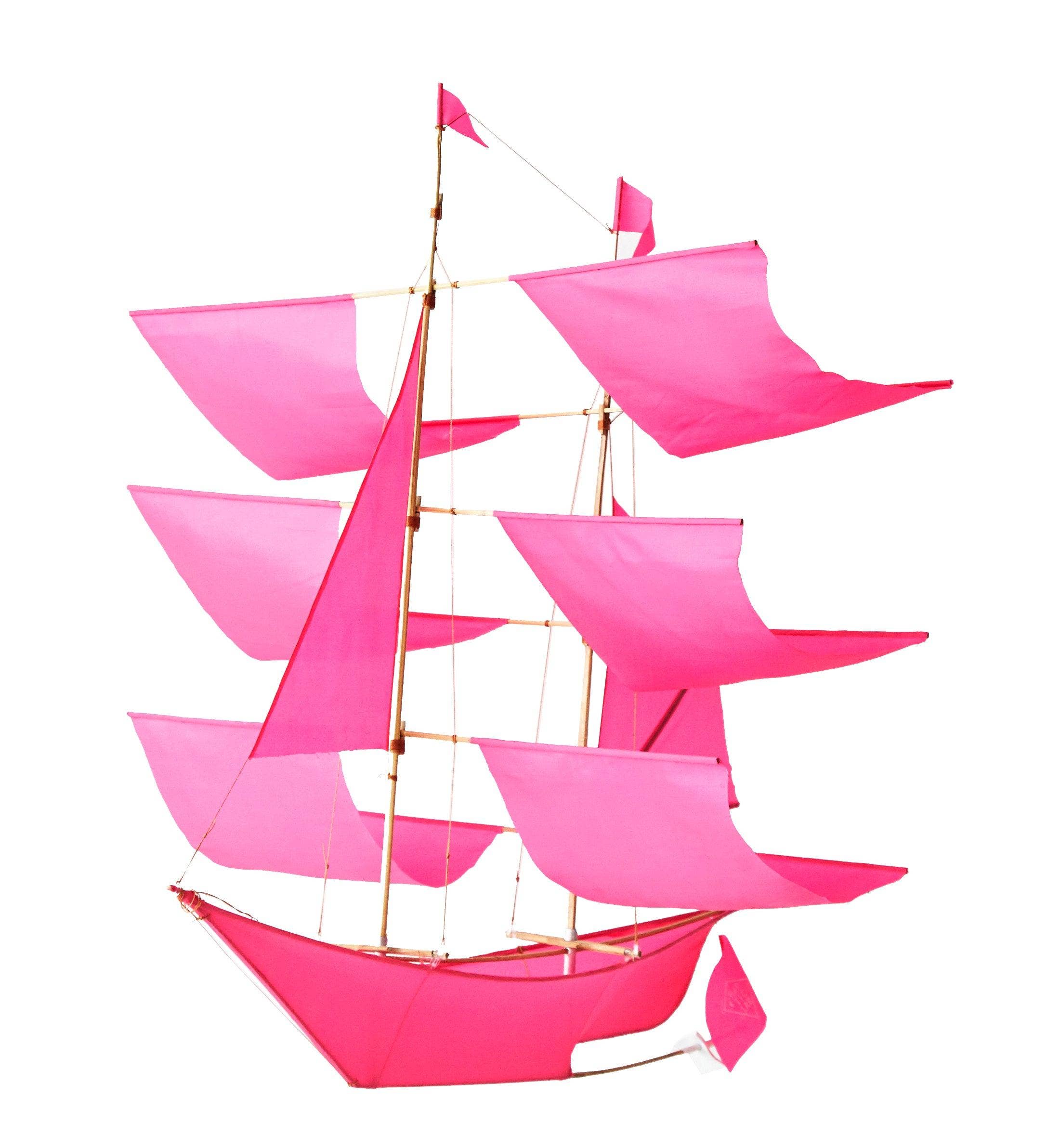 Bright pink Sailing Ship Kite by Haptic Lab, featuring multiple sails and a classic ship design, perfect for outdoor flying and home decoration.