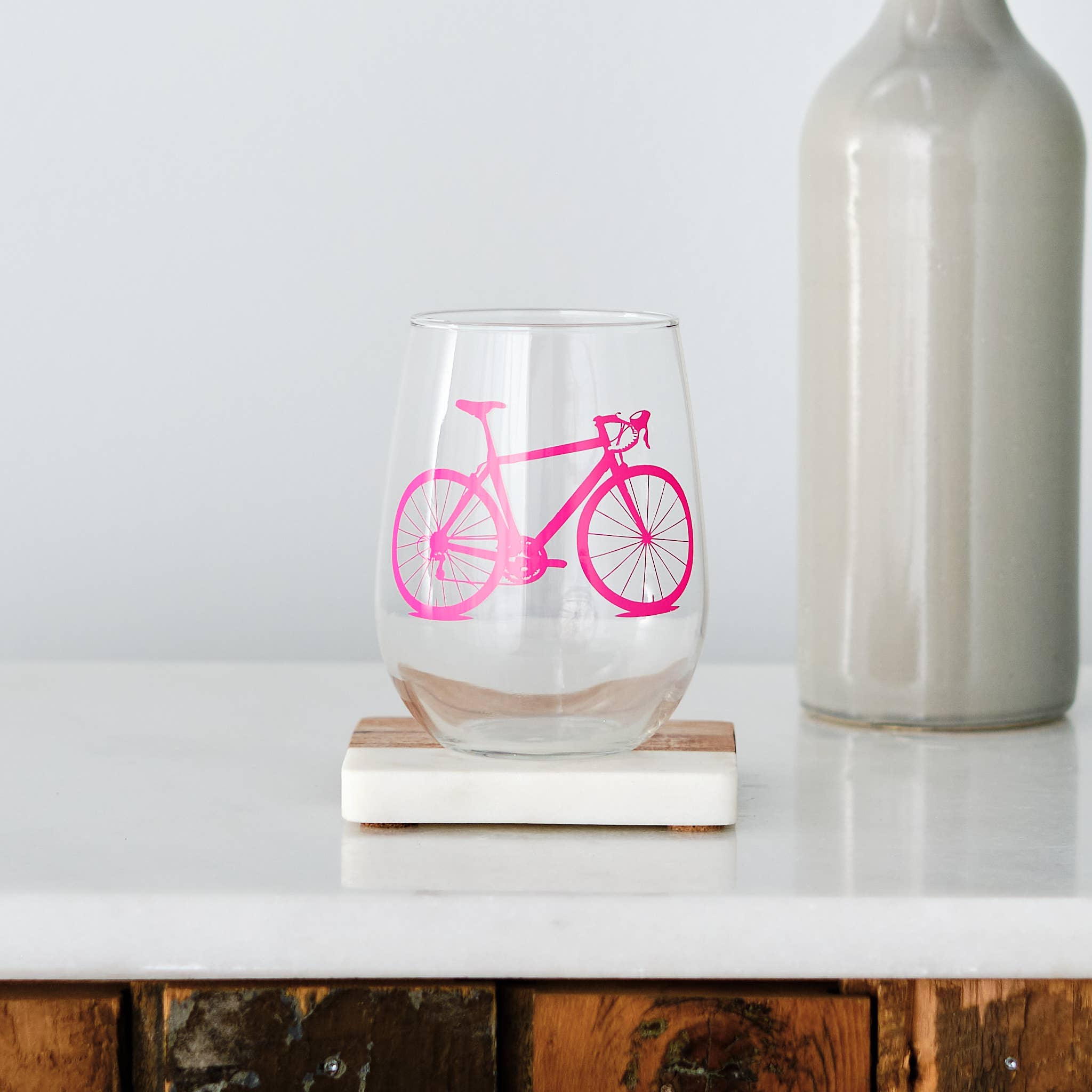 wine glass with pink bicycle print